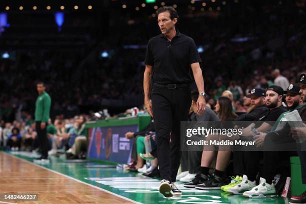 Atlanta Hawks Head Coach Quin Snyder directs his team during the second quarter of Game One of the Eastern Conference First Round Playoffs between...