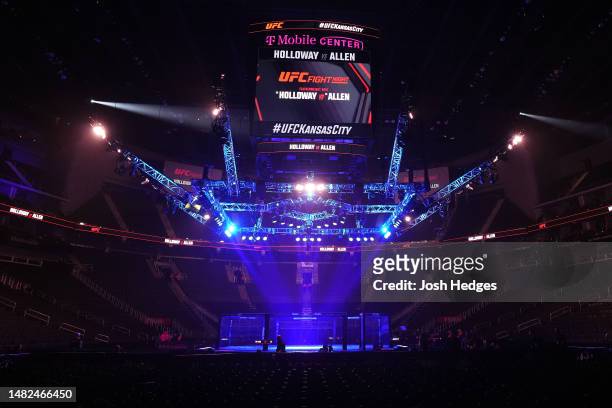 General view of the Octagon prior to the UFC Fight Night event at T-Mobile Center on April 15, 2023 in Kansas City, Missouri.