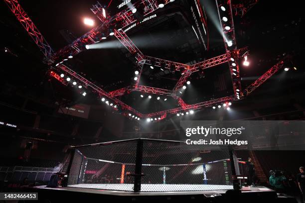 General view of the Octagon prior to the UFC Fight Night event at T-Mobile Center on April 15, 2023 in Kansas City, Missouri.