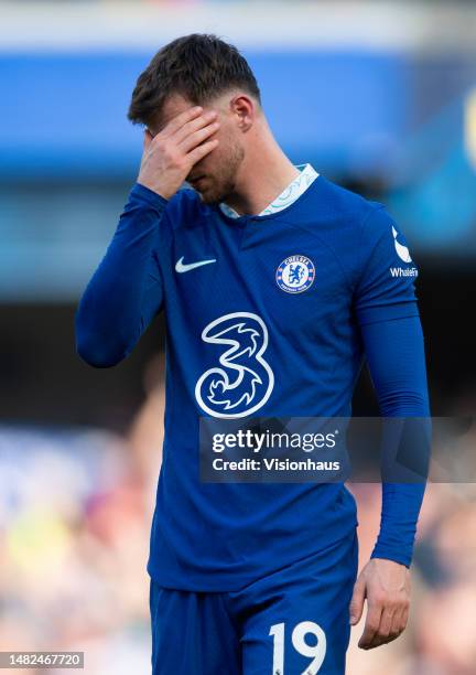 Mason Mount of Chelsea reacts to defeat after the Premier League match between Chelsea FC and Brighton & Hove Albion at Stamford Bridge on April 15,...