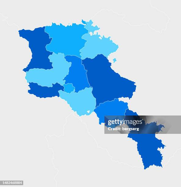 high detailed armenia blue map with regions and national borders - map of armenia stock illustrations