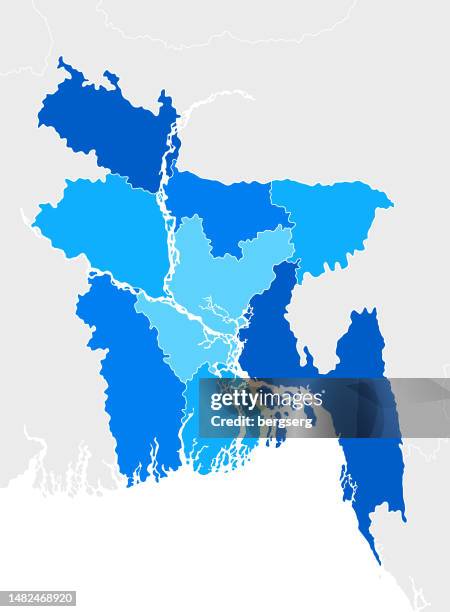 ilustrações, clipart, desenhos animados e ícones de mapa azul de bangladesh altamente detalhado com regiões e fronteiras nacionais - bangladesh graphic