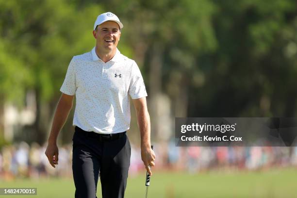 Jordan Spieth of the United States reacts to his putt on the 18th green during the third round of the RBC Heritage at Harbour Town Golf Links on...