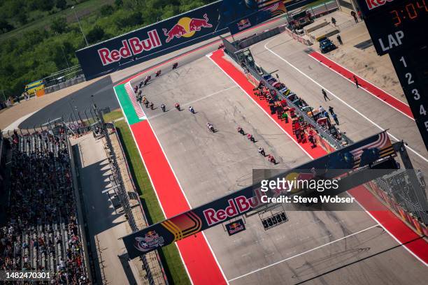 MotoGP field on the main straight after one lap during the Sprint of the MotoGP Red Bull Grand Prix of The Americas at Circuit of The Americas on...