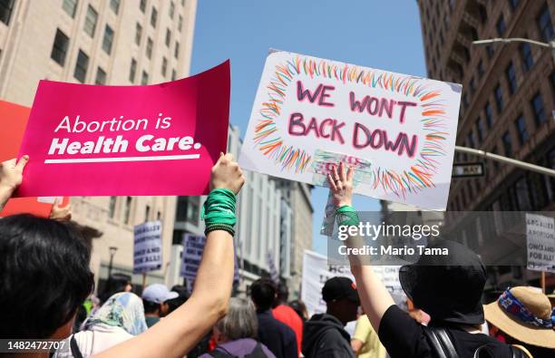 Protestors demonstrate at the March for Reproductive Rights organized by Women’s March L.A. On April 15, 2023 in Los Angeles, California. The march...