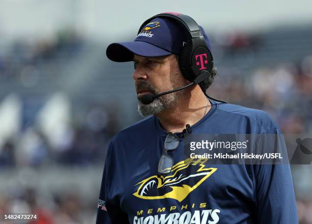 Head coach Todd Haley of the Memphis Showboats coaches from the sidelines during the 1st quarter of the game against the Philadelphia Stars at...