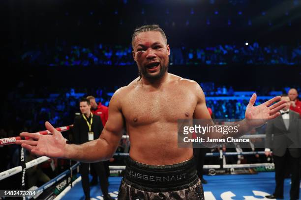 Joe Joyce reacts after being defeated in the WBO Interim World Heavyweight Title fight between Joe Joyce and Zhilei Zhang at Copper Box Arena on...