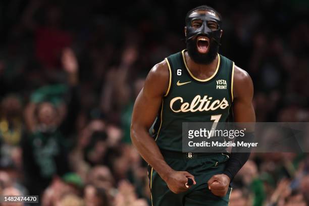 Jaylen Brown of the Boston Celtics celebrates during the second quarter of Game One of the Eastern Conference First Round Playoffs between the Boston...