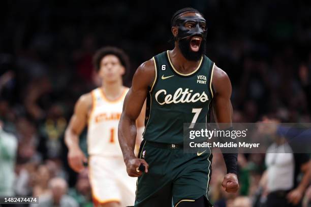 Jaylen Brown of the Boston Celtics celebrates during the second quarter of Game One of the Eastern Conference First Round Playoffs between the Boston...