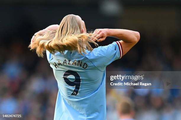 Erling Haaland of Manchester City in action during the Premier League match between Manchester City and Leicester City at Etihad Stadium on April 15,...