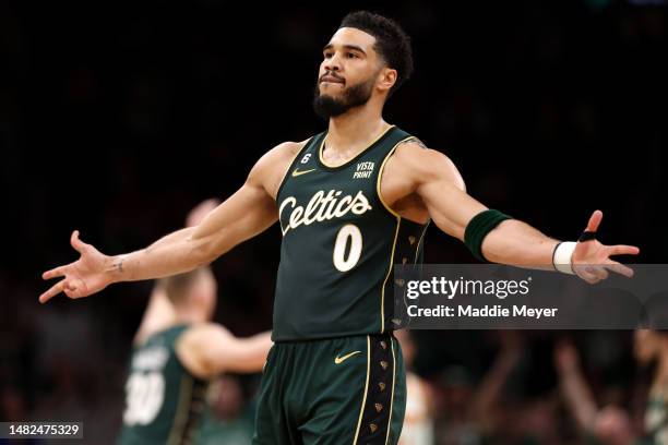 Jayson Tatum of the Boston Celtics celebrates during the second quarter of Game One of the Eastern Conference First Round Playoffs between the Boston...