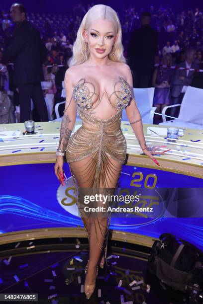 Jury member Katja Krasavice is seen during the finals of the tv competition show "Deutschland sucht den Superstar" at MMC Studios on April 15, 2023...