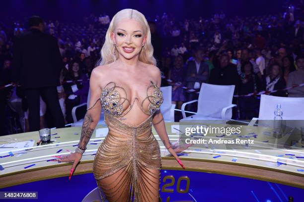 Jury member Katja Krasavice is seen during the finals of the tv competition show "Deutschland sucht den Superstar" at MMC Studios on April 15, 2023...