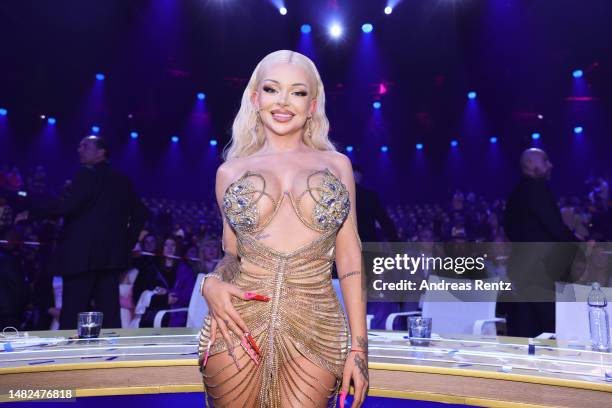 Jury member Katja Krasavice is seen during the finals of the tv competition show "Deutschland sucht den Superstar" at MMC Studios on April 15, 2023...