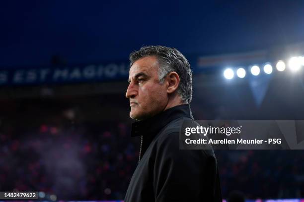 Paris Saint-Germain head coach Christophe Galtier looks on before the Ligue 1 match between Paris Saint-Germain and RC Lens at Parc des Princes on...