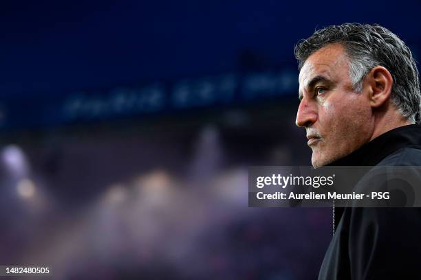 Paris Saint-Germain head coach Christophe Galtier looks on before the Ligue 1 match between Paris Saint-Germain and RC Lens at Parc des Princes on...