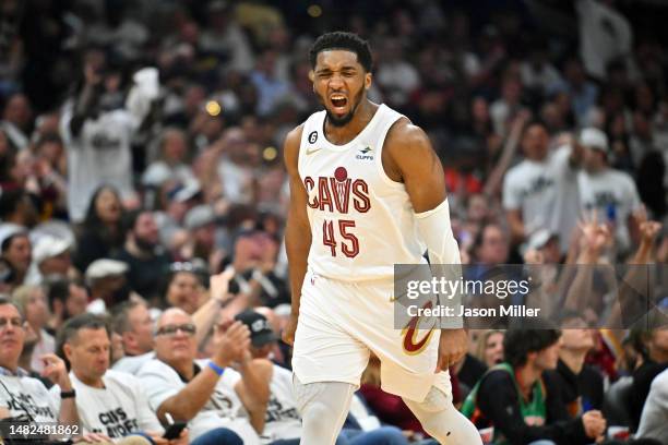 Donovan Mitchell of the Cleveland Cavaliers celebrates after scoring during the second quarter of Game One of the Eastern Conference First Round...