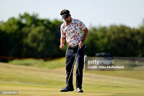 Brett Drewitt of Australia fist-pumps after making a birdie on the 17th hole during the third round of the Veritex Bank Championship at Texas Rangers...