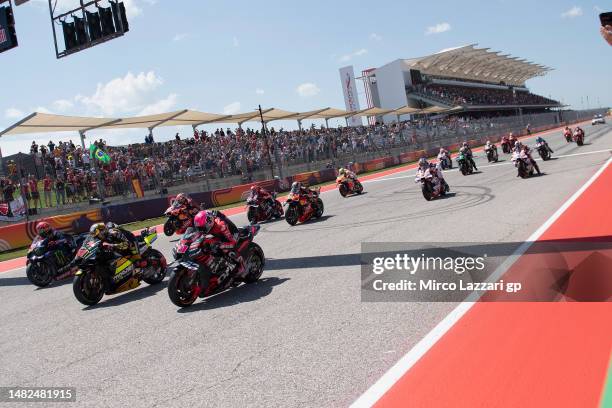 The MotoGP riders start from the grid during the MotoGP Of The Americas - Sprint on April 15, 2023 in Austin, Texas.