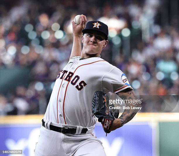 Hunter Brown of the Houston Astros pitches against the Texas Rangers in the first inning of the game at Minute Maid Park on April 15, 2023 in...
