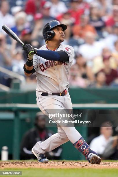 Jose Ramirez of the Cleveland Guardians hits a two run home run in the fifth inning during a baseball game against the Washington Nationals at...