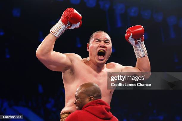 Zhilei Zhang celebrates victory following the WBO Interim World Heavyweight Title fight between Joe Joyce and Zhilei Zhang at Copper Box Arena on...