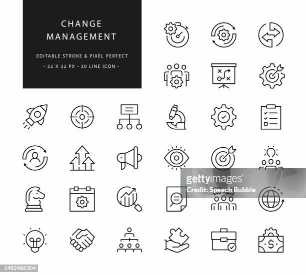 ilustraciones, imágenes clip art, dibujos animados e iconos de stock de iconos de línea de gestión de cambios. trazo editable. pixel perfecto. - technology trade war