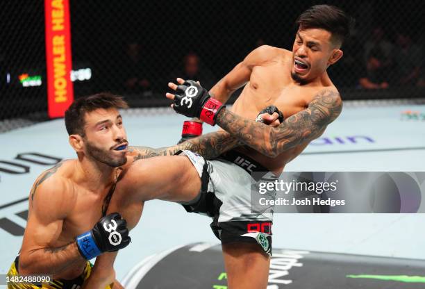 Brandon Royval lands a knee to the head of Matheus Nicolau of Brazil in a flyweight fight during the UFC Fight Night event at T-Mobile Center on...
