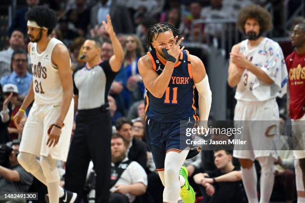 Jalen Brunson of the New York Knicks celebrates after scoring during the fourth quarter of Game One of the Eastern Conference First Round Playoffs...