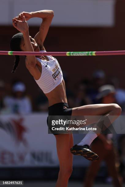 Vashti Cunningham competes in the women's high jump during the 2023 Mt SAC Relays at Hilmer Lodge Stadium on April 15, 2023 in Walnut, California.