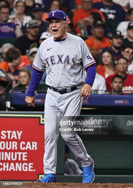 Bruce Bochy of the Texas Rangers is ejected in the seventh inning of the game against the Houston Astros at Minute Maid Park on April 15, 2023 in...