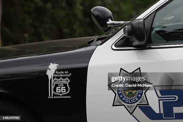 Message on a City of San Bernardino police car expresses community pride in historic Route 66, which runs through the city, on July 12, 2012 in San...
