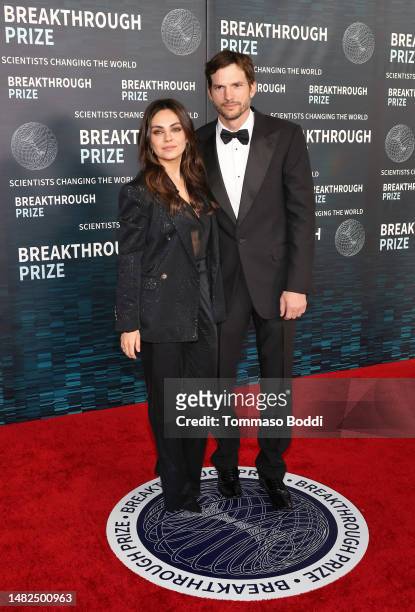 Mila Kunis and Ashton Kutcher arrive at the Ninth Breakthrough Prize Ceremony at Academy Museum of Motion Pictures on April 15, 2023 in Los Angeles,...