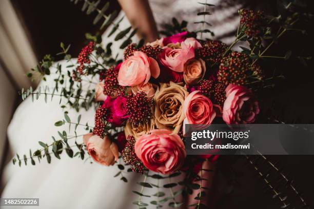 bridal bouquet with roses and eucalyptus - colors of peonies stock pictures, royalty-free photos & images