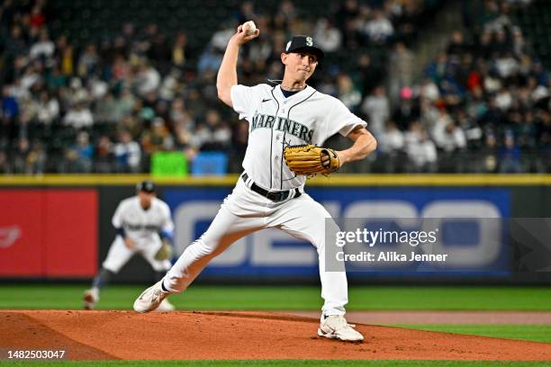 George Kirby of the Seattle Mariners throws a pitch during the first inning of the game against the Colorado Rockies at T-Mobile Park on April 15,...