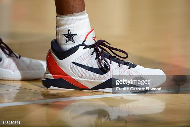 View of Kobe Bryant of the US Men's Senior National Team sneakers against the Dominican Republic during an exhibition game on July 12, 2012 at the...