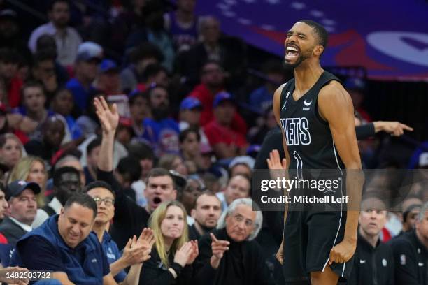 Mikal Bridges of the Brooklyn Nets reacts against the Philadelphia 76ers during Game One of the Eastern Conference First Round Playoffs at the Wells...