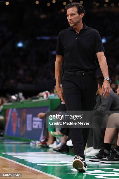 Atlanta Hawks head coach Quin Snyder looks on during the second quarter of Game One of the Eastern Conference First Round Playoffs between the Boston...