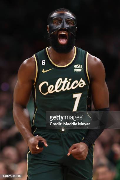 Jaylen Brown of the Boston Celtics celebrates after scoring against the Atlanta Hawks during the second quarter of Game One of the Eastern Conference...