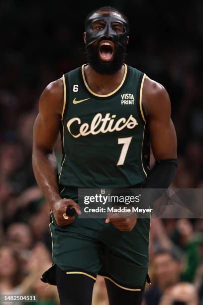 Jaylen Brown of the Boston Celtics celebrates after scoring against the Atlanta Hawks during the second quarter of Game One of the Eastern Conference...