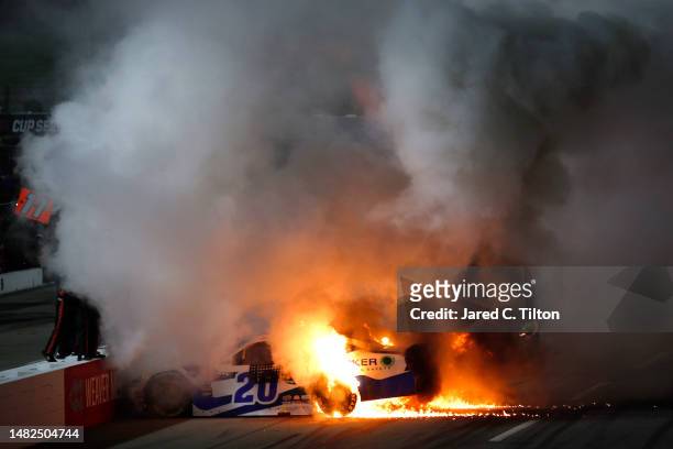 John Hunter Nemechek, driver of the Pye Barker Fire & Safety Toyota, bursts into flames during a burnout celebration after winning the NASCAR Xfinity...