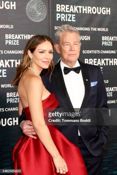 Katharine McPhee and David Foster arrive at the Ninth Breakthrough Prize Ceremony at Academy Museum of Motion Pictures on April 15, 2023 in Los...