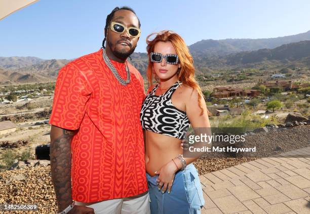 Fivio Foreign and Bella Thorne attend the Marc Jacobs & i-D 'The Pre-Party' at Viking Villa on April 15, 2023 in Palm Springs, California.