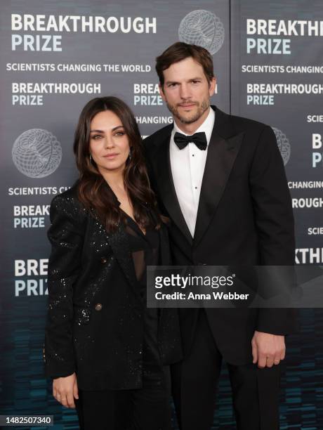 Mila Kunis and Ashton Kutcher arrive at the Ninth Breakthrough Prize Ceremony at Academy Museum of Motion Pictures on April 15, 2023 in Los Angeles,...
