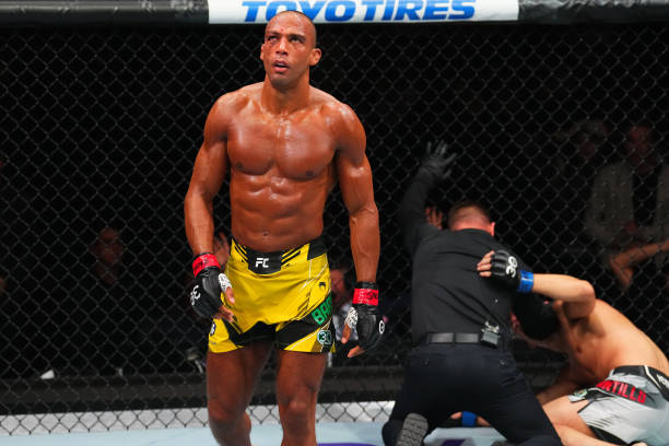 Edson Barboza of Brazil reacts after knocking out Billy Quarantillo in a featherweight fight during the UFC Fight Night event at T-Mobile Center on...