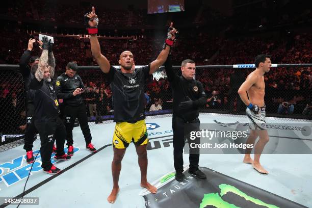 Edson Barboza of Brazil reacts after defeating Billy Quarantillo in a featherweight fight during the UFC Fight Night event at T-Mobile Center on...