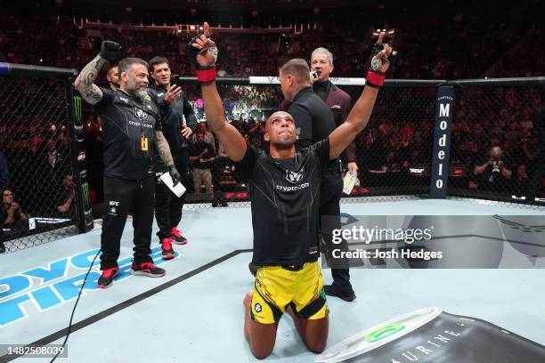 Edson Barboza of Brazil reacts after defeating Billy Quarantillo in a featherweight fight during the UFC Fight Night event at T-Mobile Center on...