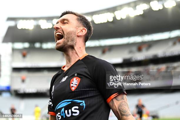 James O'Shea of the Brisbane Roar celebrates after scoring a goal during the round 24 A-League Men's match between Wellington Phoenix and Brisbane...