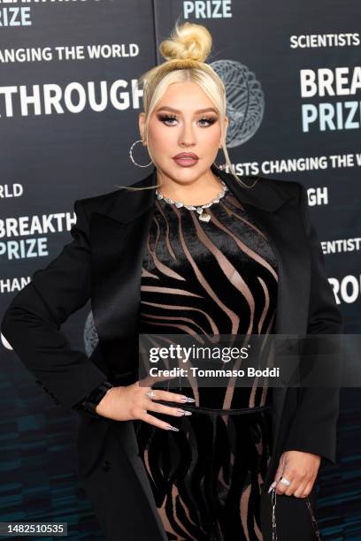 Christina Aguilera arrives at the Ninth Breakthrough Prize Ceremony at Academy Museum of Motion Pictures on April 15, 2023 in Los Angeles, California.