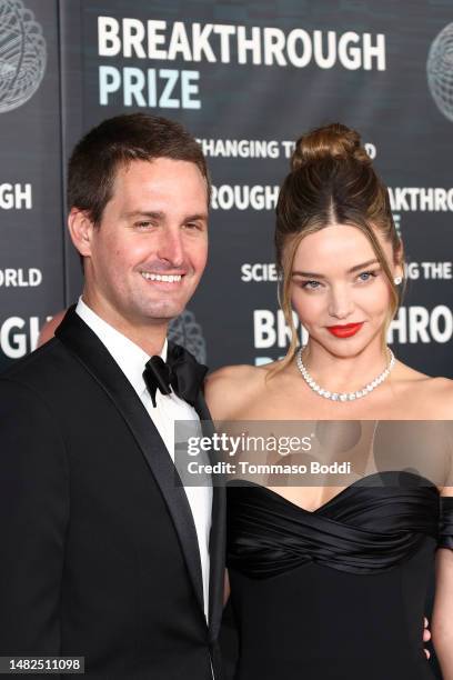 Evan Spiegel and Miranda Kerr arrive at the Ninth Breakthrough Prize Ceremony at Academy Museum of Motion Pictures on April 15, 2023 in Los Angeles,...